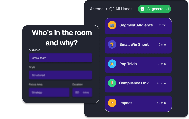 A short meeting-inputs form beside the Q2 All Hands agenda of timed activities it generated