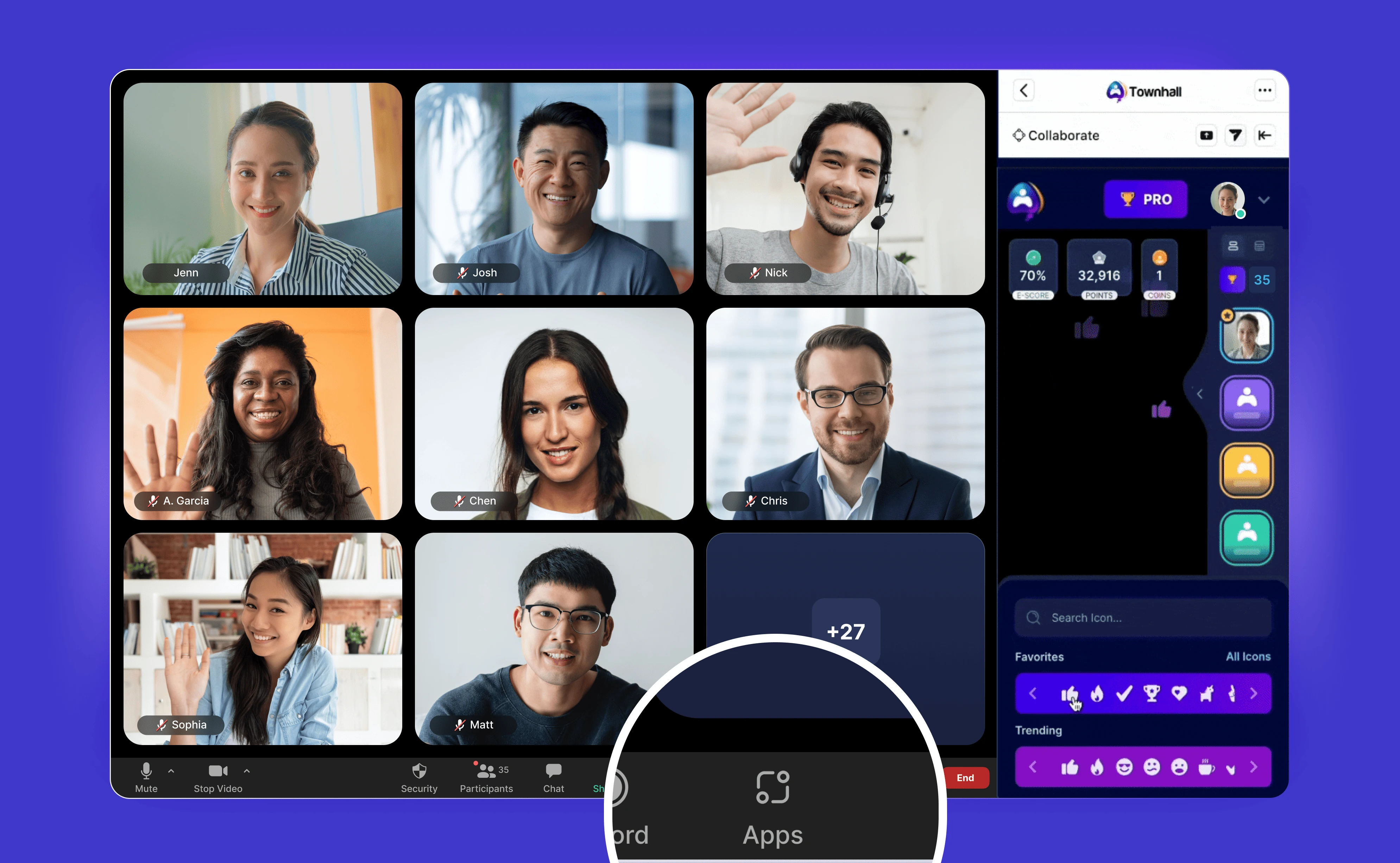 A Zoom gallery of nine attendees beside the Townhall side panel showing E-Score, points and emoji reactions