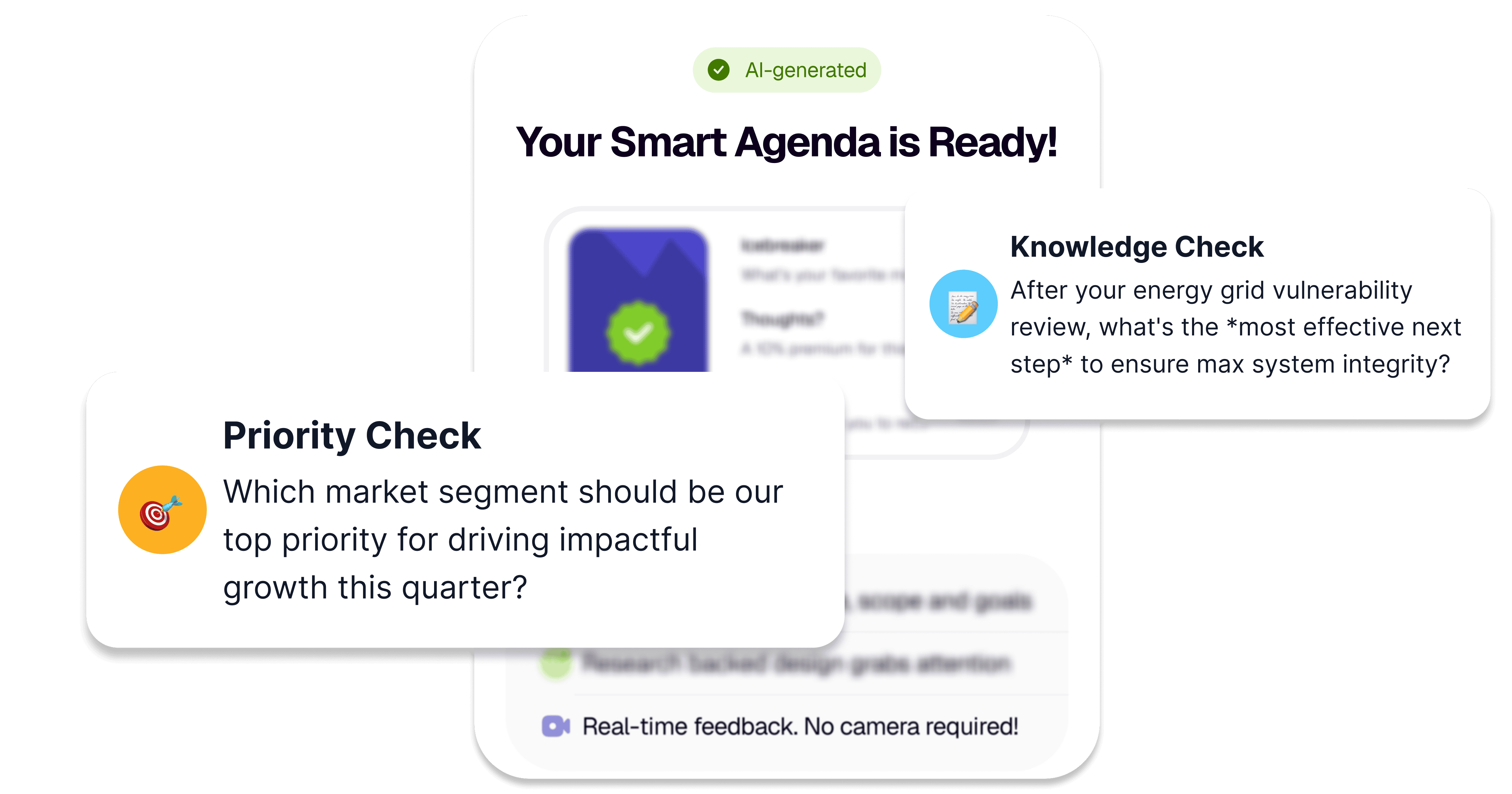 An AI-generated Smart Agenda card with sample Priority Check and Knowledge Check activities