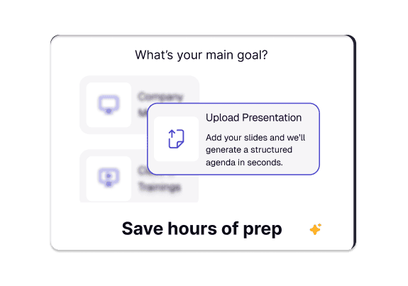A meeting-goal picker with an Upload Presentation option that turns your slides into a structured agenda