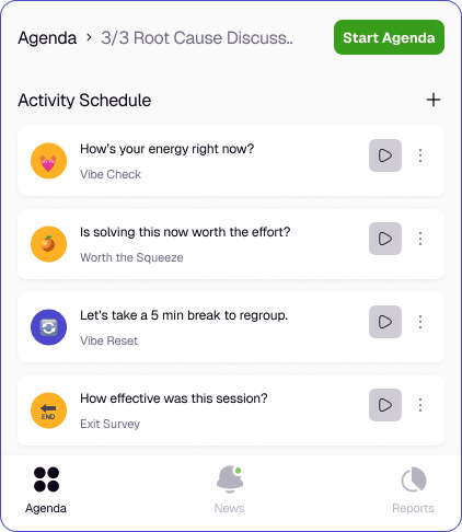 Agenda for a root cause discussion with vibe check, break and exit survey activities ready to play