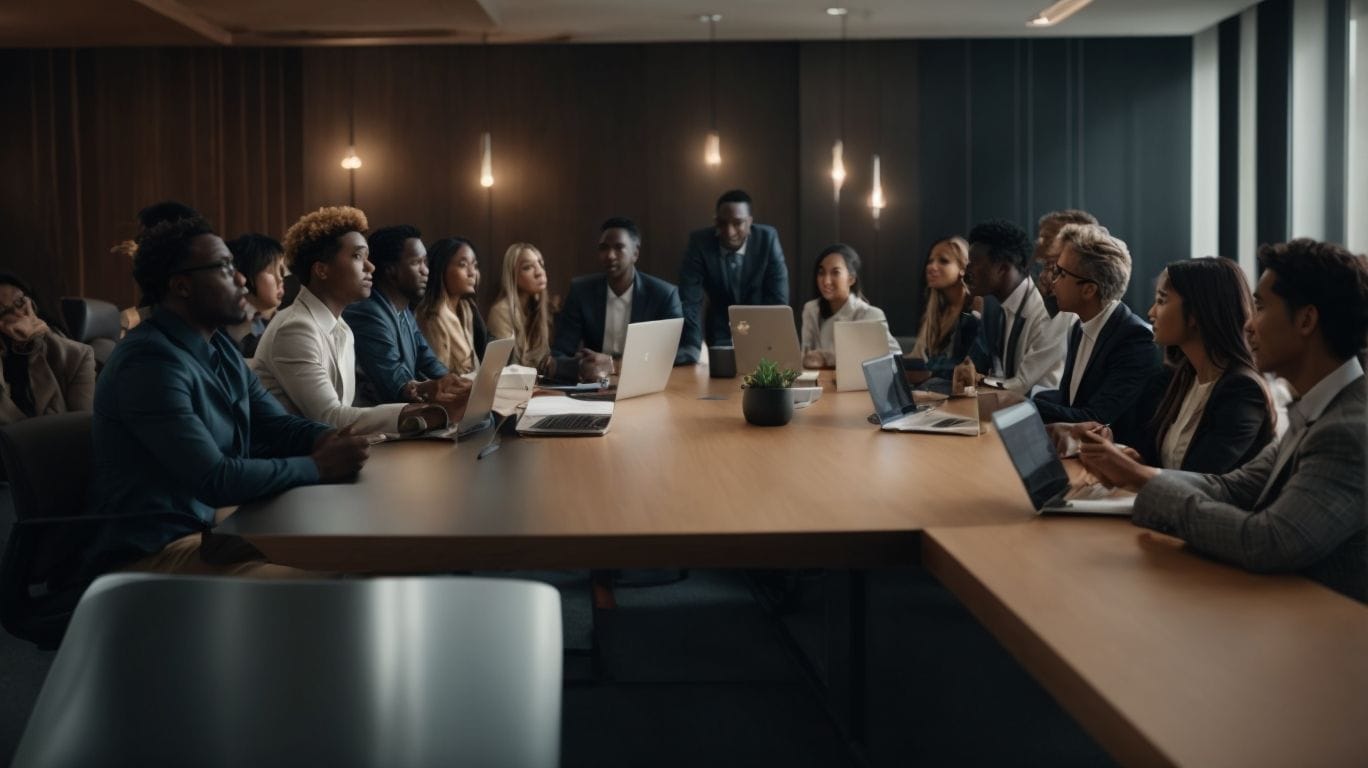 People seated around a long boardroom table with laptops, listening to a colleague standing to speak