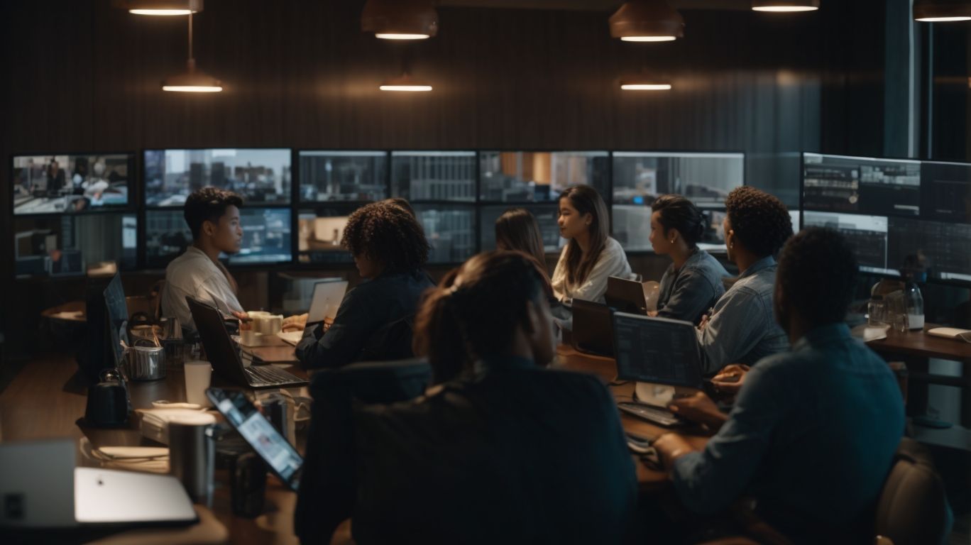 A group works at a long shared desk in front of a wall of screens showing remote video feeds